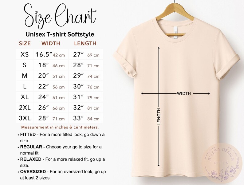 May include: Size chart for unisex t-shirts in softstyle fabric. The chart shows the width and length measurements in inches and centimeters for sizes XS to 3XL.  The chart also includes information about fitted, regular, relaxed, and oversized fits.
