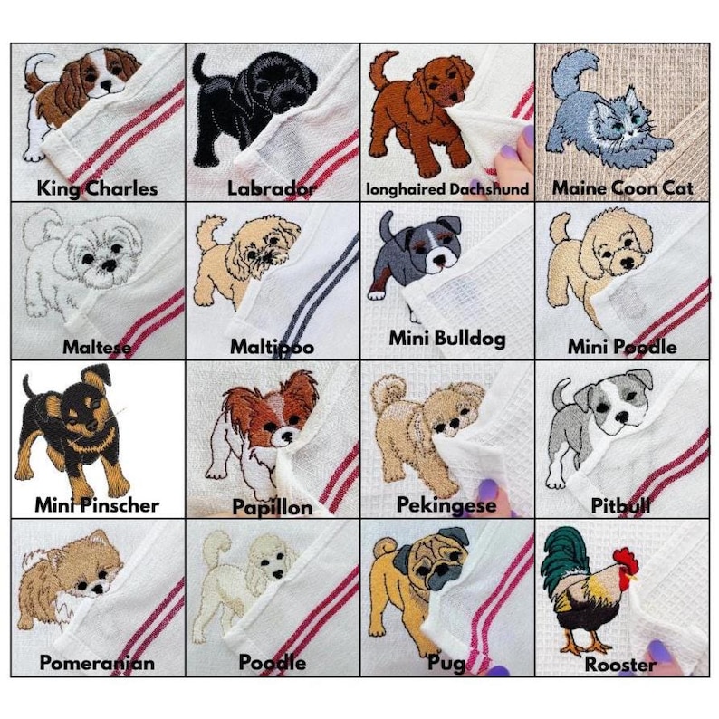 May include: A grid of sixteen white waffle-weave kitchen towels, each featuring a unique embroidered animal design. The collection includes various dog breeds like King Charles, Labrador, and Pug, plus a Maine Coon cat and a rooster, with text labels.