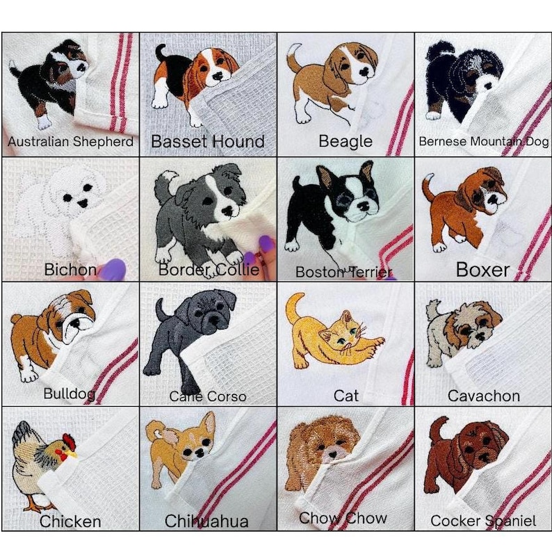May include: A grid of sixteen white waffle-weave towels, each featuring a unique embroidered animal design. The collection includes various dog breeds like the Australian Shepherd, Beagle, and Bulldog, alongside a cat and a chicken, all with red stripes.