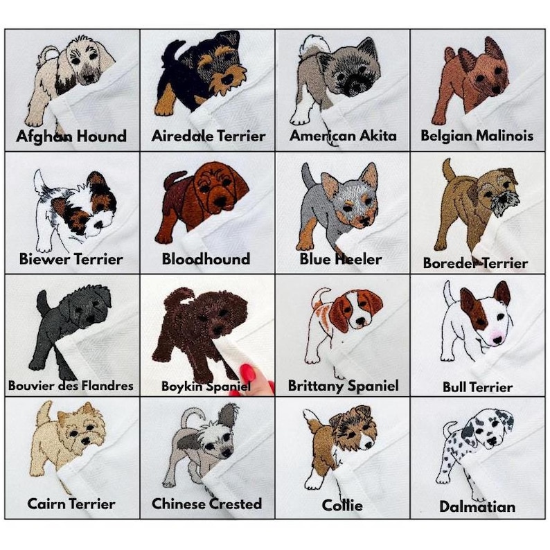 May include: A grid of sixteen embroidered dog patches on white fabric, each labeled with its breed name: Afghan Hound, Airedale Terrier, American Akita, Belgian Malinois, Biewer Terrier, Bloodhound, Blue Heeler, Border Terrier, Bouvier des Flandres, Boykin Spaniel, Brittany Spaniel, Bull Terrier, Cairn Terrier, Chinese Crested, Collie, and Dalmatian.