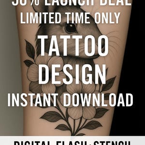Rabbit Tattoo Design – Realistic A4 Flash with Flowers – Digital Download + Stencil – Black & Grey