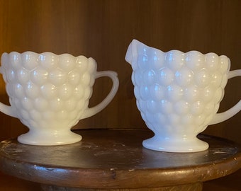 Vintage Anchor Hocking Bubble Milk Glass Cream and Sugar Set