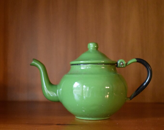 Vintage Green Enamelware Tea Pot With Hinged Lid Etsy