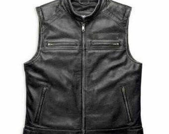 Bikers Black Leather Vest with Custom logo