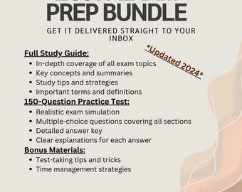 May include: A digital download for the LCSW exam prep bundle, including a full study guide, a 150-question practice test, and bonus materials. The text on the image says "LCSW EXAM PREP BUNDLE GET IT DELIVERED STRAIGHT TO YOUR INBOX *Updated 2024*"