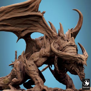 May include: A detailed brown dragon figurine with large horns, wings, and sharp teeth. The dragon is posed in a dynamic stance, with intricate textures and details. The image includes the text "Bastion of Purity" and "Rescale"