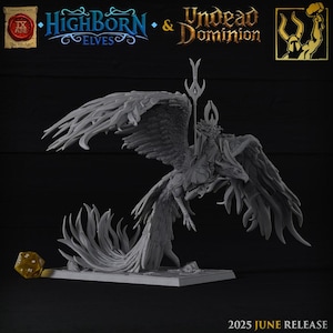 May include: A detailed, gray miniature figure of a winged creature with a rider, possibly for tabletop gaming. The figure has large, feathered wings and a flowing tail. The text "Highborn Elves & Undead Dominion" is visible, along with "2025 JUNE RELEASE".