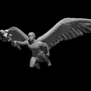 May include: A grayscale sculpture of a winged figure in mid-flight, holding a weapon. The figure has detailed wings and muscular physique, set against a black background. The sculpture appears to be a mythological or fantasy character.