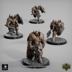 May include: Four detailed miniature figures of armored warriors with horned helmets, axes, and shields. The figures are on circular bases with a stone-like texture. The text "- Unchained Immortals - 32mm" is visible at the bottom of the image.