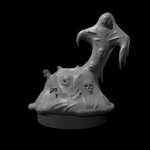 May include: A gray, 3D-printed sculpture of a ghostly figure with skulls and hands emerging from its form. The sculpture has a rounded base and a flowing, ethereal shape, perfect for Halloween decor.