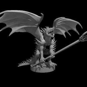 May include: A grayscale figurine of a winged dragon with a trident. The dragon has sharp teeth, spiky protrusions, and large wings. It is posed on a circular base against a black background. The trident is held in its hands.