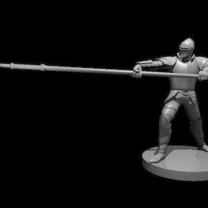 May include: A gray figurine of a knight in full armor, holding a long spear. The knight is standing on a circular base against a black background. The spear is held horizontally, ready for combat.