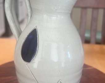 Williamsburg salt glazed pottery pitcher with cobalt leaves