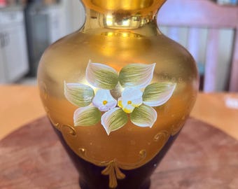 Venetian Murano Tre Fuocci Vase, 24k gold leaf enameled on cobalt blue glass.