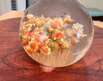 May include: A clear glass sphere paperweight with dried flowers inside. The flowers are mostly white with orange centers. The paperweight is sitting on a wooden surface.