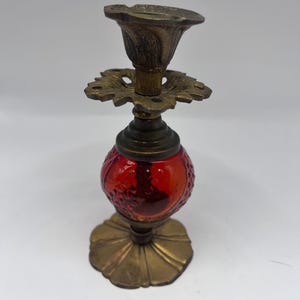 Brass and red glass vintage candle holder