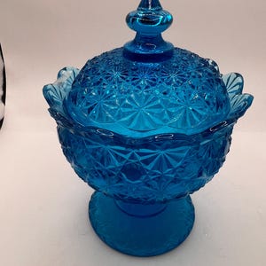 Fenton aqua blue daisy and button footed candy dish