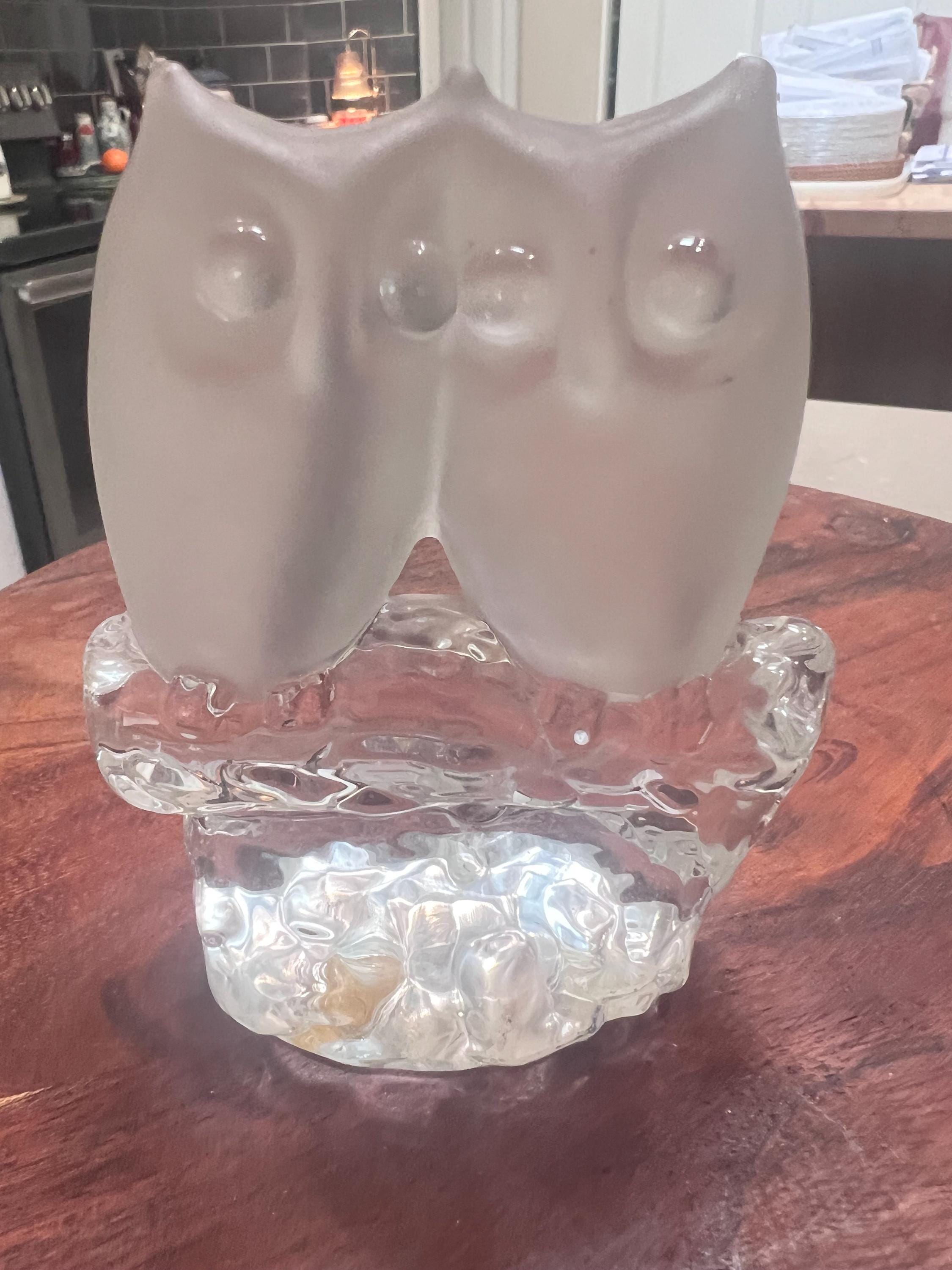 Swedish Reijmyre Crystal owl pair on log owls satin glass
