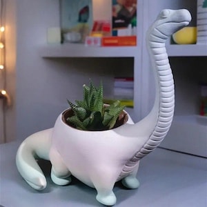 Puede incluir: Una maceta con forma de dinosaurio rosa claro y verde menta, con un cuello largo y una pequeña planta suculenta en su interior. La maceta tiene una superficie texturizada y está hecha de cerámica o un material similar. El dinosaurio está de pie.