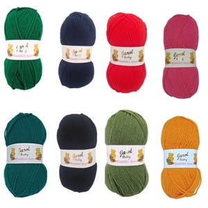 May include: Ten balls of yarn in various colours, including green, blue, red, pink, orange, and brown. Each ball has a white label with the text "Jarol Baby Rambler Aran".