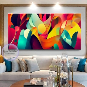 Puede incluir: Impresión de arte abstracto con un diseño colorido en tonos vibrantes de rojo, naranja, amarillo, verde y azul. El diseño está formado por formas y curvas superpuestas, creando una composición dinámica y enérgica.
