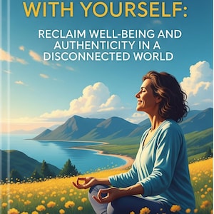 Puede incluir: Ilustración digital de una portada de libro con el título "RECONECTA CONTIGO MISMO:" y el subtítulo "RECUPERA EL BIENESTAR Y LA AUTENTICIDAD EN UN MUNDO DESCONECTADO." Una mujer medita en un campo de flores amarillas, con vistas a un lago y montañas.