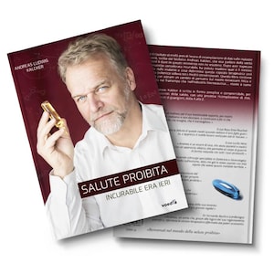 Puede incluir: Un libro rojo con el título "Salute Proibita" y el subtítulo "Incurable Era Ieri" en la portada. El libro presenta una foto de un hombre sosteniendo una pequeña botella de vidrio. El libro es publicado por "voedla".
