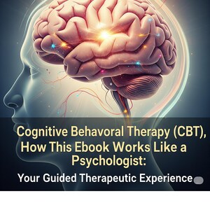 Puede incluir: Ilustración digital de un cerebro humano con luces brillantes, sobre una silueta de cabeza. La imagen incluye el texto: "Cognitive Behavioral Therapy (CBT), How This Ebook Works Like a Psychologist: Your Guided Therapeutic Experience."