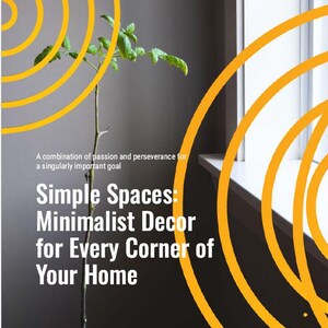 Puede incluir: Portada del libro "Simple Spaces: Minimalist Decor for Every Corner of Your Home" de Armando Castanon Garcia. La portada presenta una pequeña planta con hojas verdes, una ventana y elementos de diseño circulares amarillos. También está presente el texto "A combination of passion and perseverance for a singularly important goal".