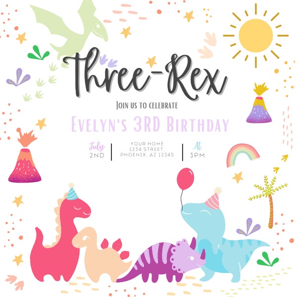 Pink and Purple Three - Rex Digital Party Invitation Pink and Purple