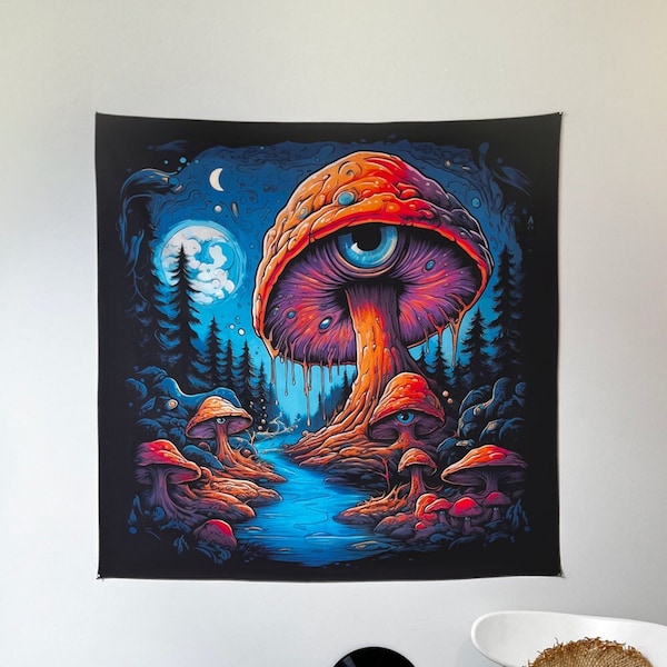 Tenture d'un champignon magique, toile suspendu au mur, décoration de chambre psychédélique colorée trippy, art mural esthétique.
