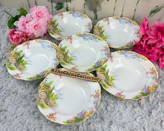 Set of 6 Royal Albert Kentish Rockery 8” Rimmed Soup Bowls, Made England