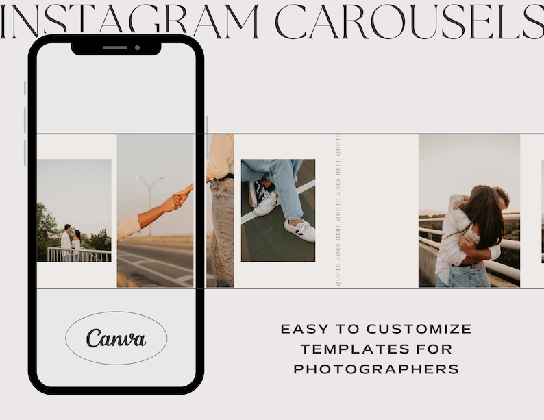 Carousel Instagram IG Templates for Canva Boho Wedding Photographer. DIY Affordable and Easy to Use. Make Your Own Social Media Collage. Using Boho and Neutral Colors and Photos. For Engagement, Portrait and Weddings.