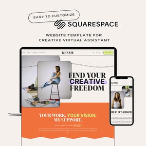 Könnte beinhalten: Eine Website-Vorlage für kreative virtuelle Assistenten, die eine Frau zeigt, die auf einem Hocker sitzt, mit dem Text "Find Your Creative Freedom" und "Your Work, Your Vision. My Support." auf einem leuchtend orangen Hintergrund.