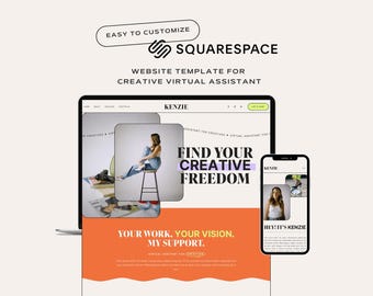 May include: A website template for creative virtual assistants, featuring a woman sitting on a stool with the text "Find Your Creative Freedom" and "Your Work, Your Vision. My Support." on a bright orange background.
