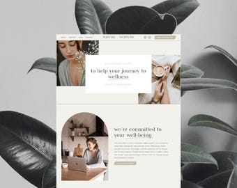 Può includere: Design del sito web in tonalità neutre, con il testo "NATURE NURTURE" e "to help your journey to wellness". Il design include immagini di una donna, una tazza di caffè e una persona che utilizza un laptop.