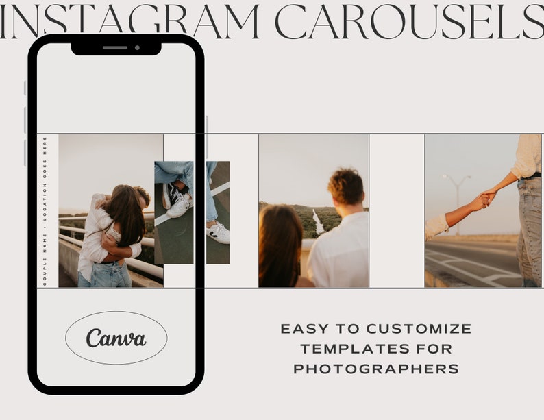 Carousel Instagram IG Templates for Canva Boho Wedding Photographer. DIY Affordable and Easy to Use. Make Your Own Social Media Collage. Using Boho and Neutral Colors and Photos. For Engagement, Portrait and Weddings.