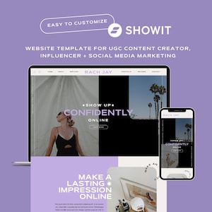 Puede incluir: Una plantilla de sitio web para marketing en redes sociales, con una mujer con un vestido negro y el texto "Show Up Confidently Online" y "Make a Lasting Impression Online".