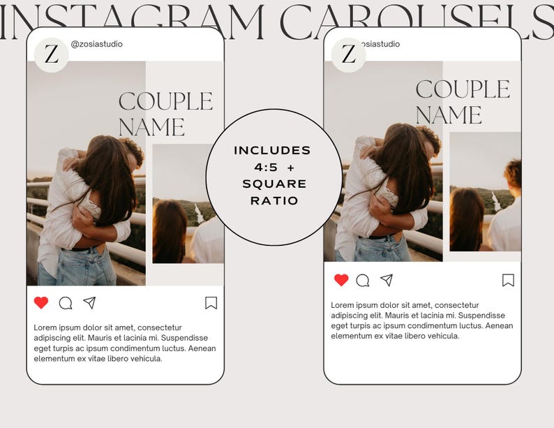 Carousel Instagram IG Templates for Canva Boho Wedding Photographer. DIY Affordable and Easy to Use. Make Your Own Social Media Collage. Using Boho and Neutral Colors and Photos. For Engagement, Portrait and Weddings.