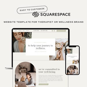 May include: A website template for therapists and wellness brands, featuring a laptop and a mobile phone displaying a website with the text "NATURE NURTURE" and "to help your journey to wellness". The website also includes a section titled "we're committed to your well-being".