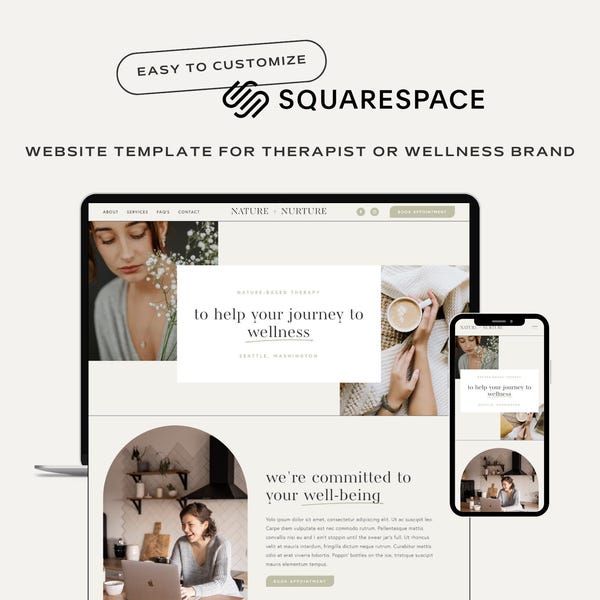Squarespace Website Template for Therapist Wellness Counsellor. DIY Affordable Fluid Engine One Page Landing Page Customize Make Your Own.