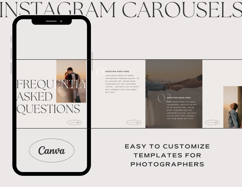 Carousel Instagram IG Templates for Canva Boho Wedding Photographer. DIY Affordable and Easy to Use. Make Your Own Social Media Collage. Using Boho and Neutral Colors and Photos. For Engagement, Portrait and Weddings.