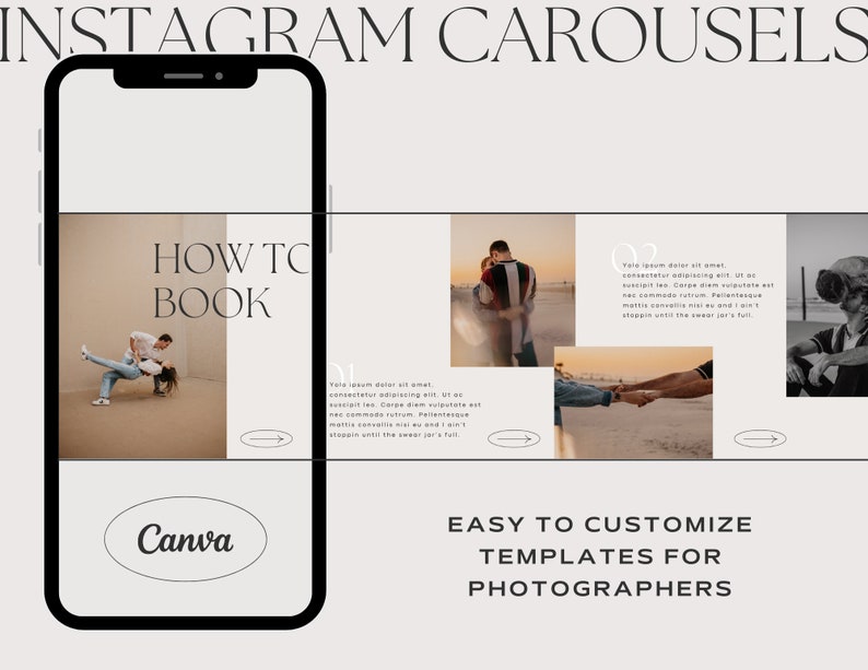 Carousel Instagram IG Templates for Canva Boho Wedding Photographer. DIY Affordable and Easy to Use. Make Your Own Social Media Collage. Using Boho and Neutral Colors and Photos. For Engagement, Portrait and Weddings.