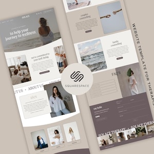 Könnte beinhalten: Eine Website-Vorlage für Therapeuten mit minimalistischem Design und neutraler Farbpalette. Das Design umfasst Abschnitte für Paar- und Familienberatung, FAQs und Kontaktinformationen. Das Squarespace-Logo ist sichtbar.
