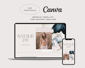 May include: A website template for content creators, displayed on a laptop and a mobile phone. The template features a minimalist design with a neutral color palette and a photo of a woman in a field. The text "Natalie Jay" and "UGC Digital Content Creator" is displayed on both the laptop and mobile phone screens.