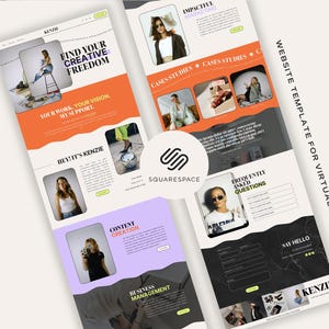 Pode incluir: Modelo de site para assistentes virtuais, com uma imagem em preto e branco de uma mulher com um laptop e o texto "Say Hello" e "Kenzie".