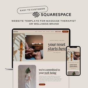 May include: A website template for massage therapists and wellness brands. The design features a laptop and smartphone displaying a website layout with the text "your reset starts here". The template includes images and text, with the Squarespace logo.