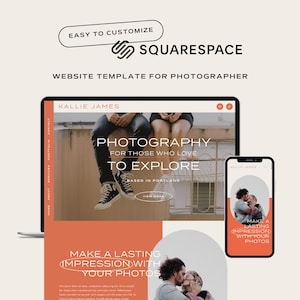 Puede incluir: Una plantilla de sitio web para fotógrafos, que muestra un diseño en una computadora portátil y un teléfono inteligente. El diseño incluye el texto "Photography for those who love to explore" y "Make a lasting impression with your photos".