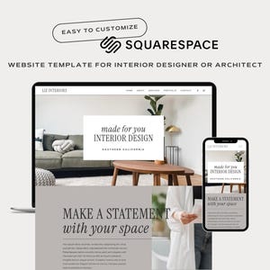 May include: A website template for interior designers and architects, featuring a modern design with a gray and white color scheme. The template is built on Squarespace and is easy to customize. The website features a large image of a living room with a sofa, coffee table, and plants. The text "made for you INTERIOR DESIGN" is displayed on the website.