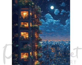 満月の都市景観アート、夜の街の満月のイラスト、月と星のある夜の街、満月の都会の夜空